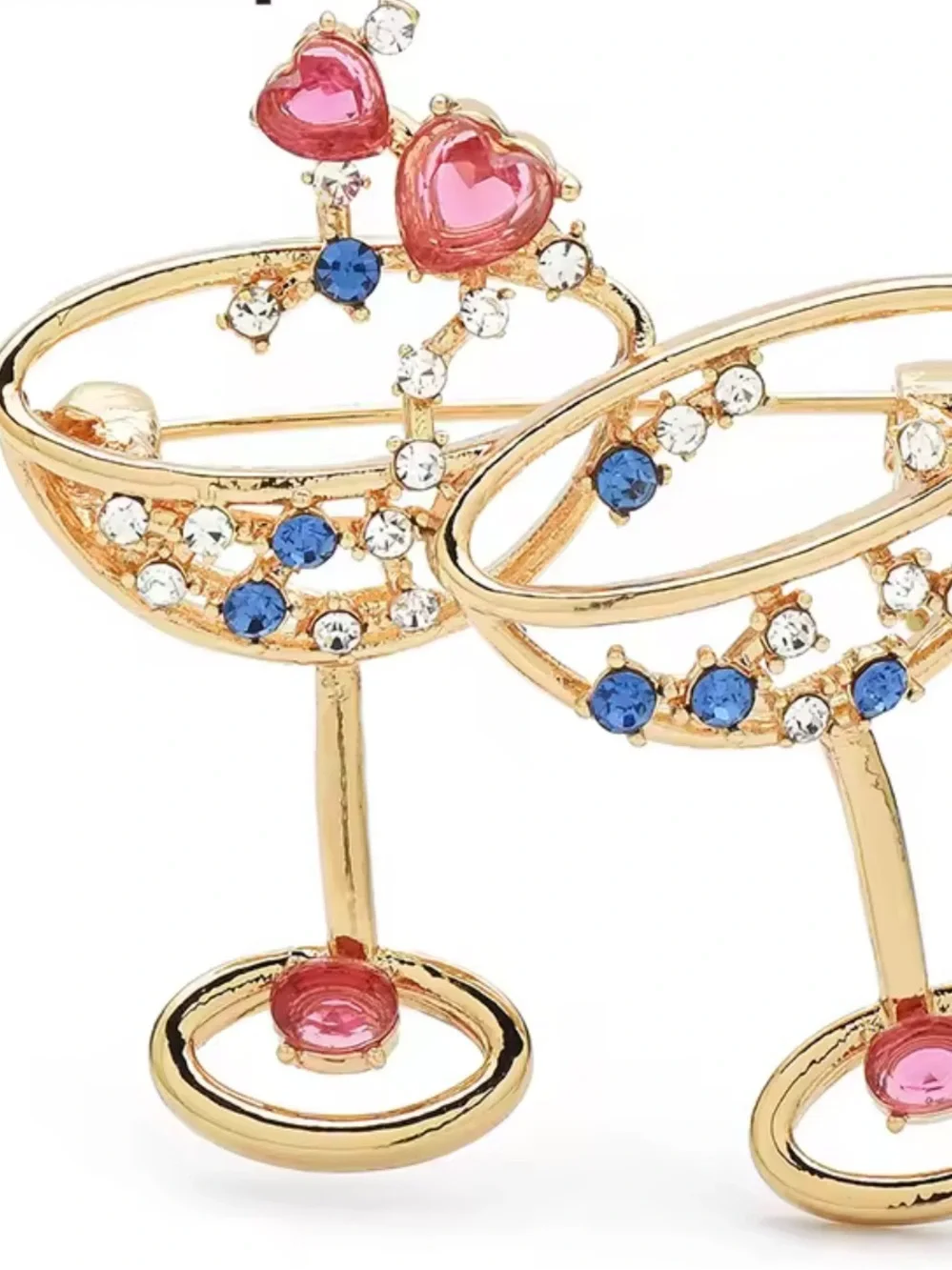 Cocktail Champagne Glass Pair Pink Blue Gems Brooch